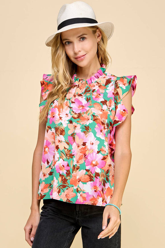 Women's Sleeveless - Floral Top with Ruffled Neck and Sleeves Top - Kelly Green - Cultured Cloths Apparel