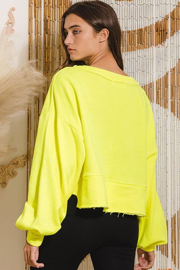 Lantern Sleeve Button-up French Terry Crop Top