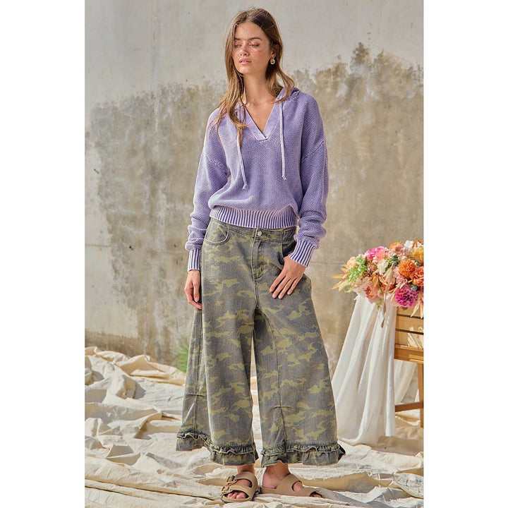 Pants - CAMOUFLAGE DENIM RUFFLED HEM MID RISE PANTS - - Cultured Cloths Apparel
