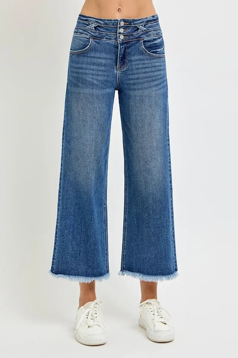 Denim - RISEN High Rise Crop Wide Leg Jeans with Wide Band Detail - DARK - Cultured Cloths Apparel