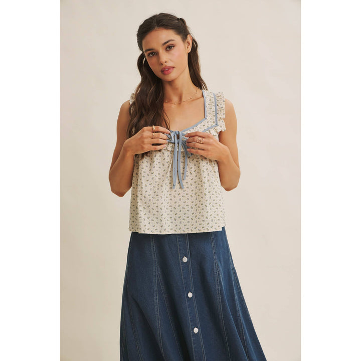Women's Sleeveless - ANTIQUE MEADOW CONTRAST BINDING FLORAL RUFFLED BLOUSE TOP - - Cultured Cloths Apparel