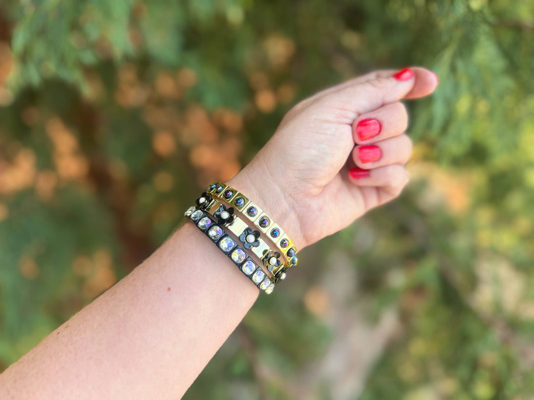 Enamel Stretch Bracelets - Black + Gold - Poppy - 3 Pc Set