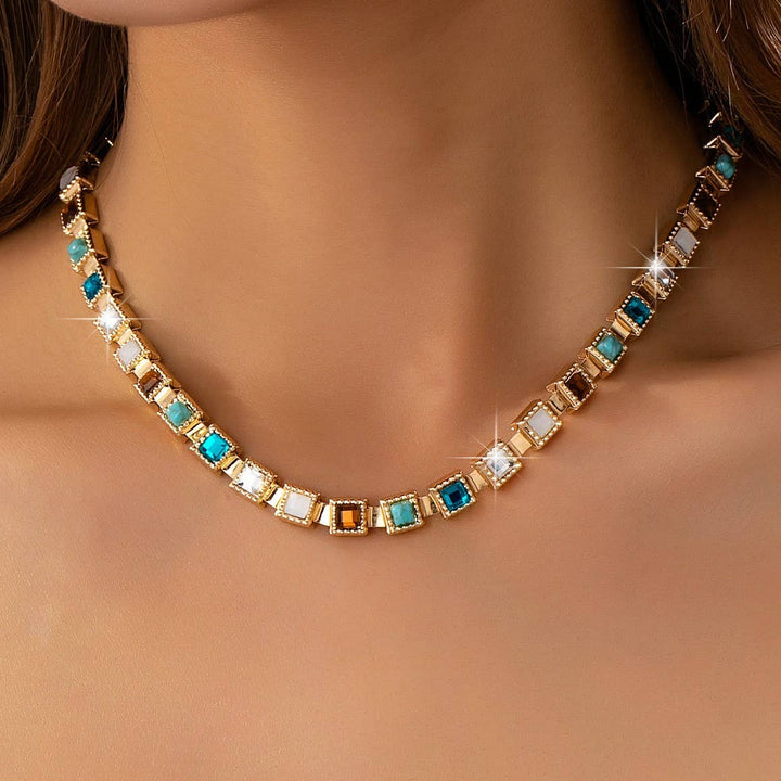 Accessories, Necklaces - Multicolor Square Gemstone Long Necklace - Gold - Cultured Cloths Apparel