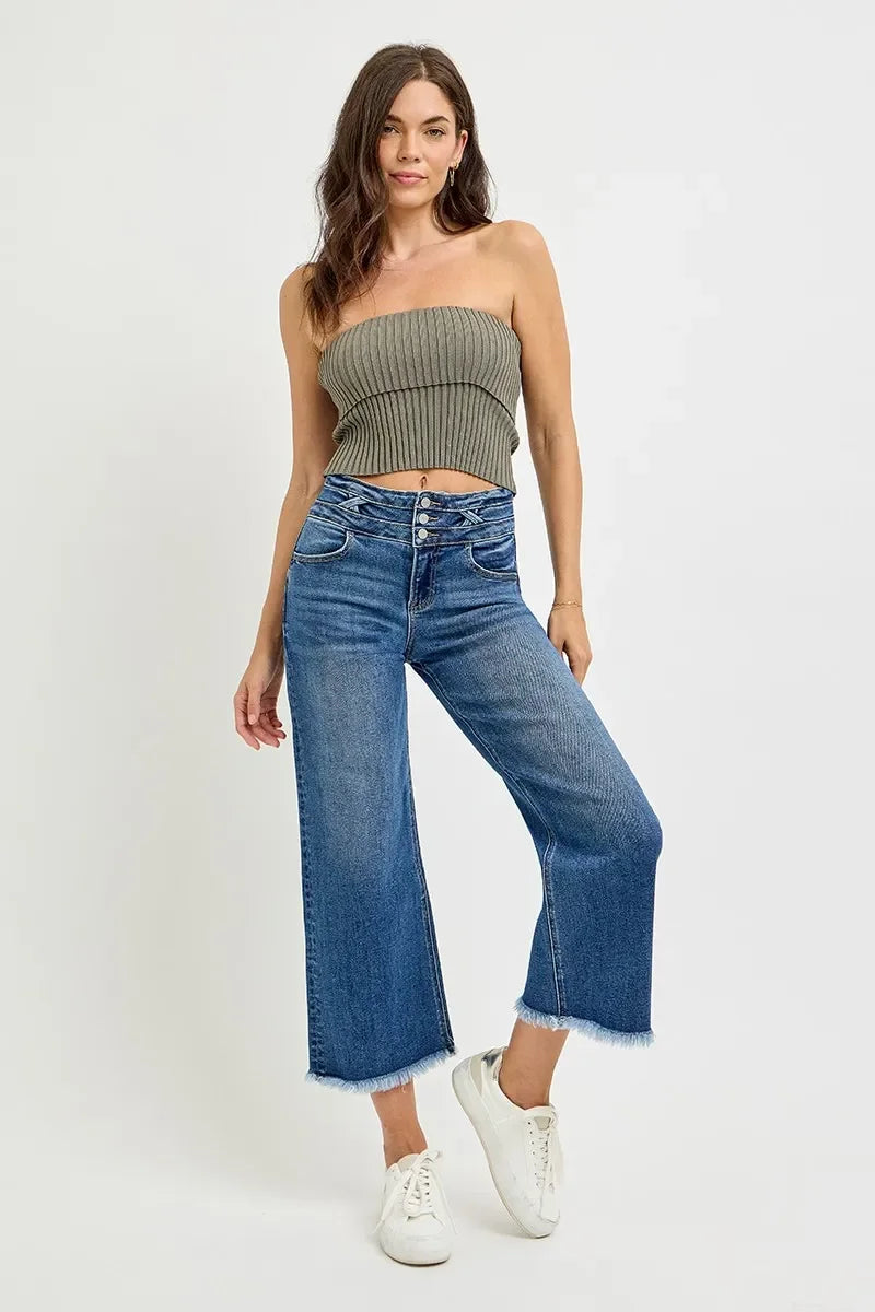 Denim - RISEN High Rise Crop Wide Leg Jeans with Wide Band Detail - - Cultured Cloths Apparel