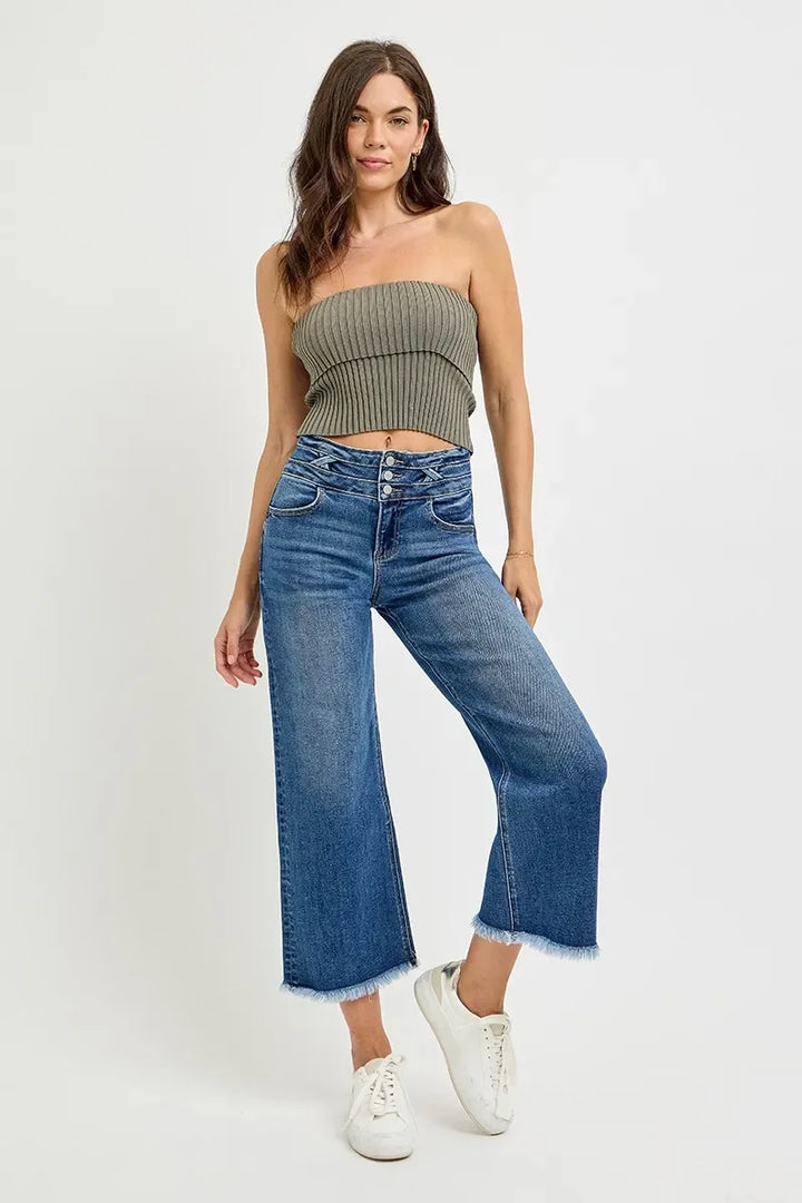 Denim - RISEN High Rise Crop Wide Leg Jeans with Wide Band Detail - - Cultured Cloths Apparel