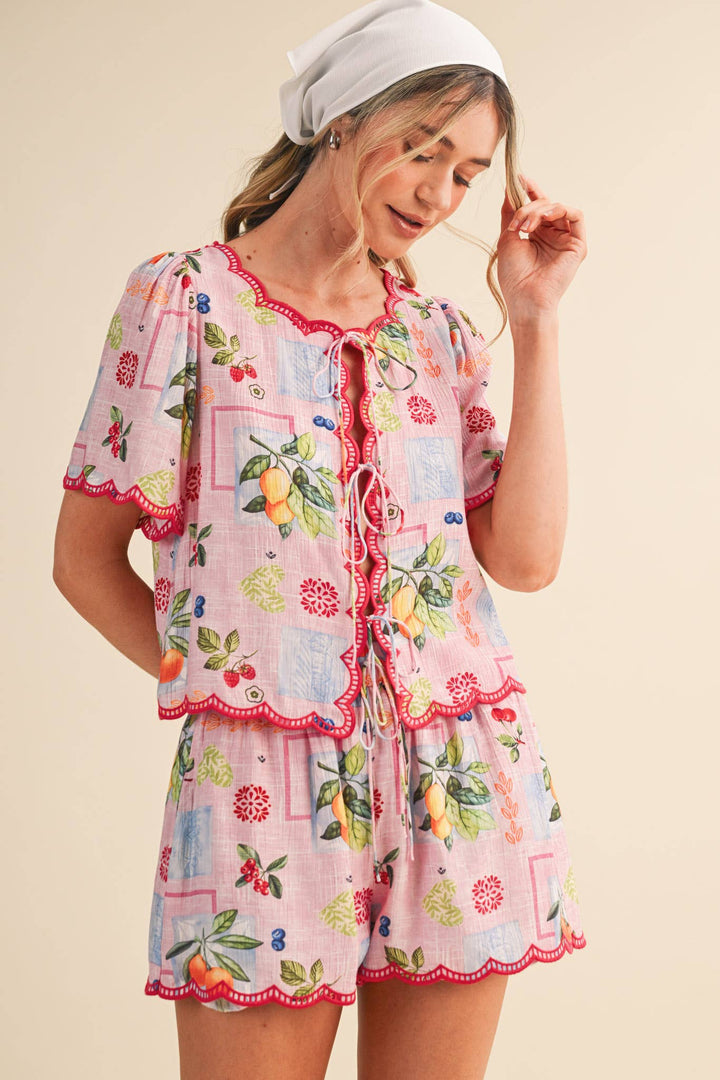 Romper - FRUIT PRINT EMBROIDERED SCALLOP TOP AND SHORTS SET - PINK RASPBERRY MULTI - Cultured Cloths Apparel