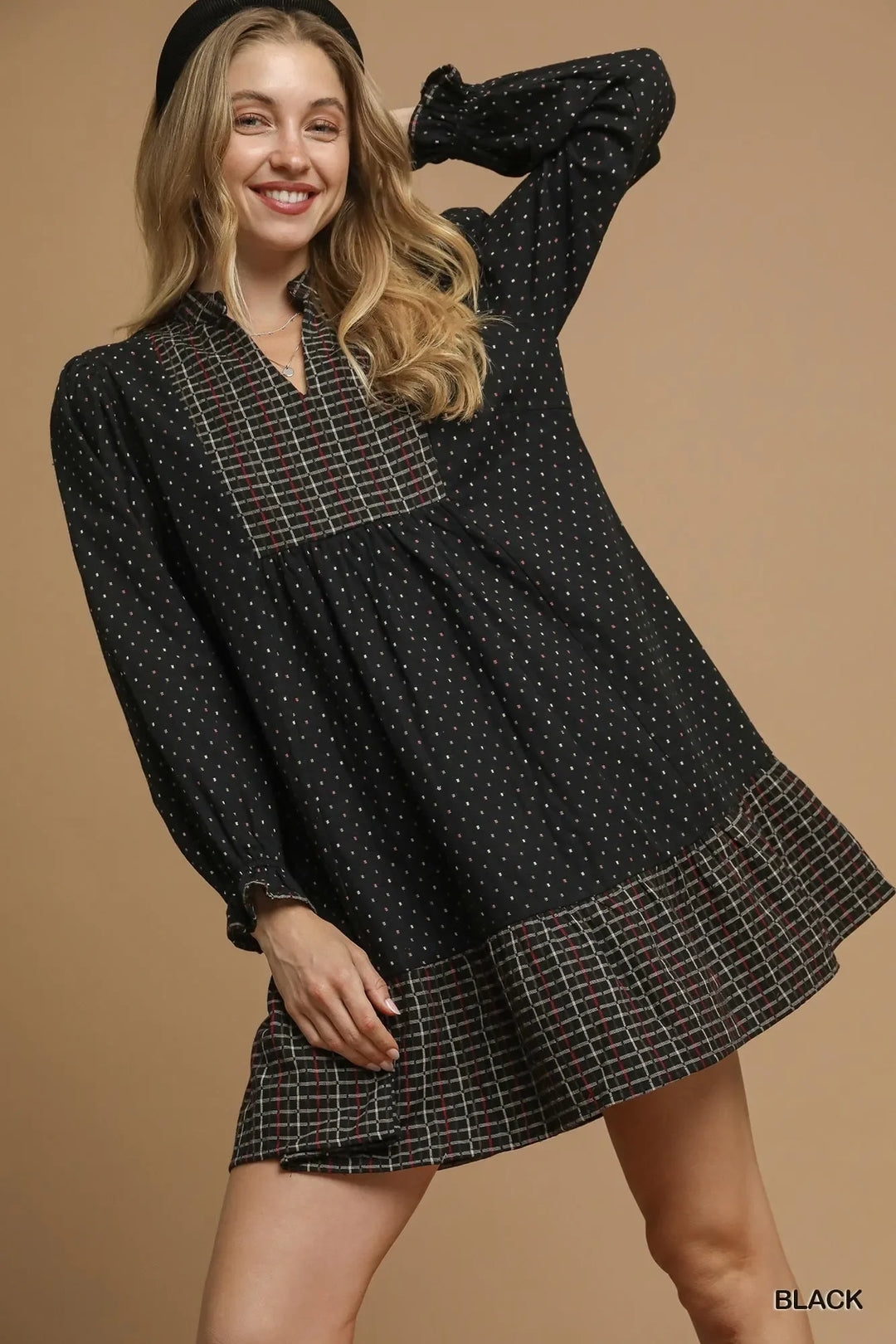 Umgee Polka Dot Plaid Trim Babydoll Dress Umgee Polka Dot Plaid Trim Babydoll Dress