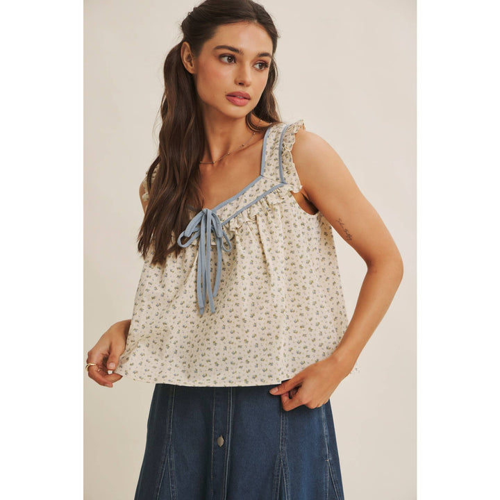 Women's Sleeveless - ANTIQUE MEADOW CONTRAST BINDING FLORAL RUFFLED BLOUSE TOP - - Cultured Cloths Apparel