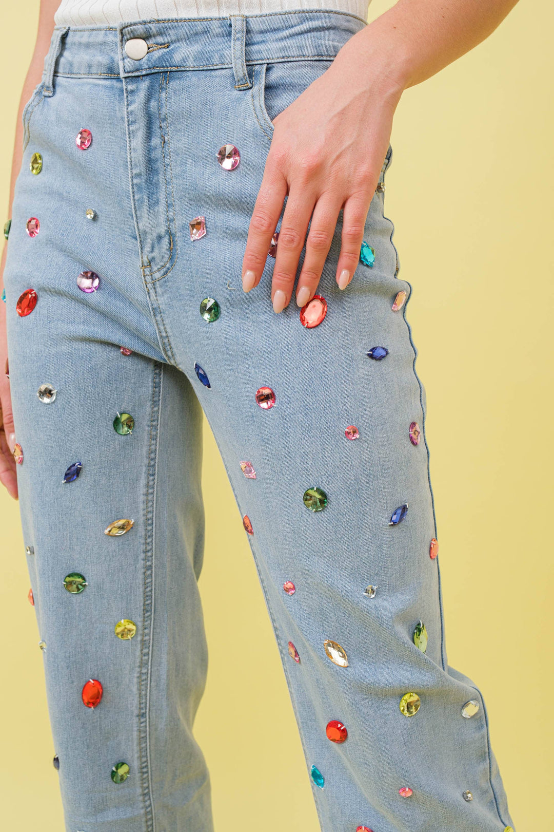 Denim - 23989P Mid Rise Rainbow Jewel Embellished Denim Jeans - - Cultured Cloths Apparel