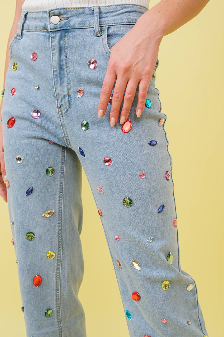 Denim - 23989P Mid Rise Rainbow Jewel Embellished Denim Jeans - - Cultured Cloths Apparel