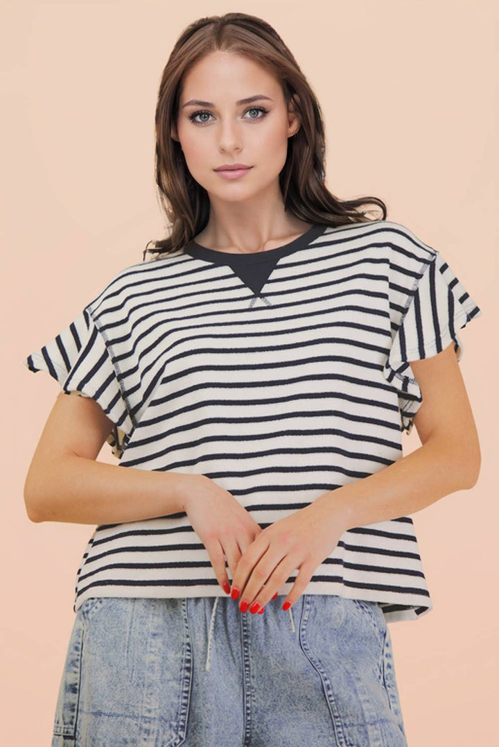 Oversized Ruffle Sleeve Casual Stripe Knit Top