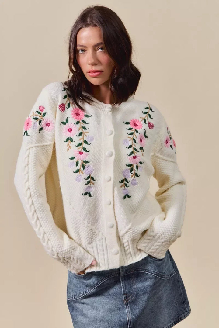 Women's Sweaters - SO ME Floral Embroidered Coquette Sweater Cardigan - IVORY - Cultured Cloths Apparel