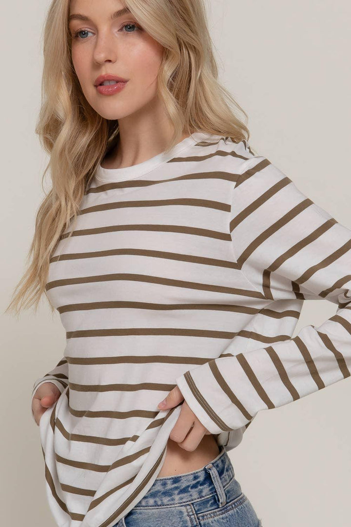 Women's Long Sleeve - Long Sleeve Round Neck Neck Stripe Tee - - Cultured Cloths Apparel