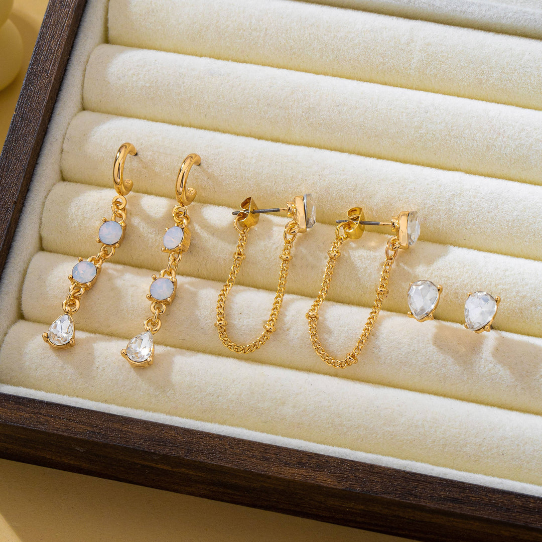 Accessories, Earrings - Crystal Stud & Linear Opal Drop Trio Earring Set | 80E62680 - - Cultured Cloths Apparel