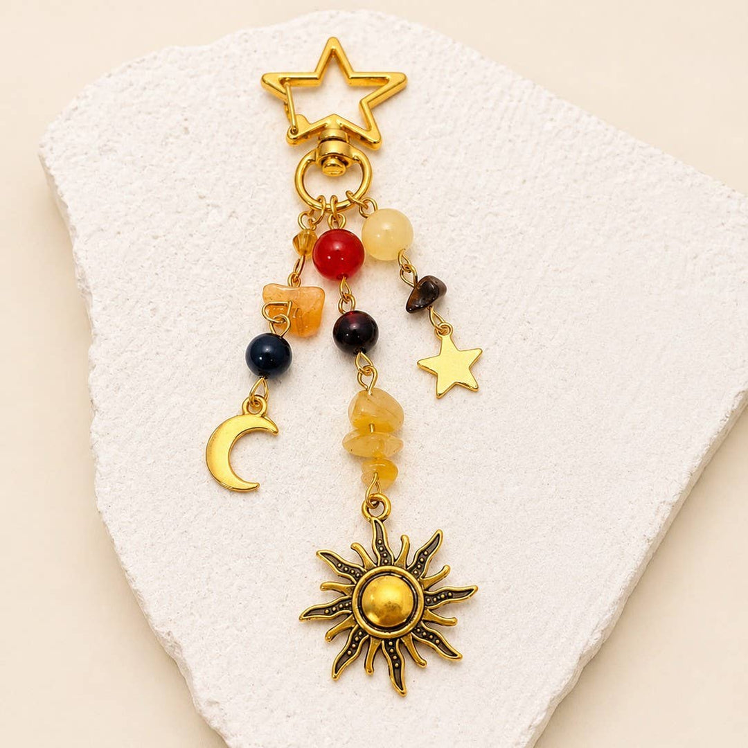 STAINLESS CELESTIAL SUN MOON STAR BEADED KEYCHAIN