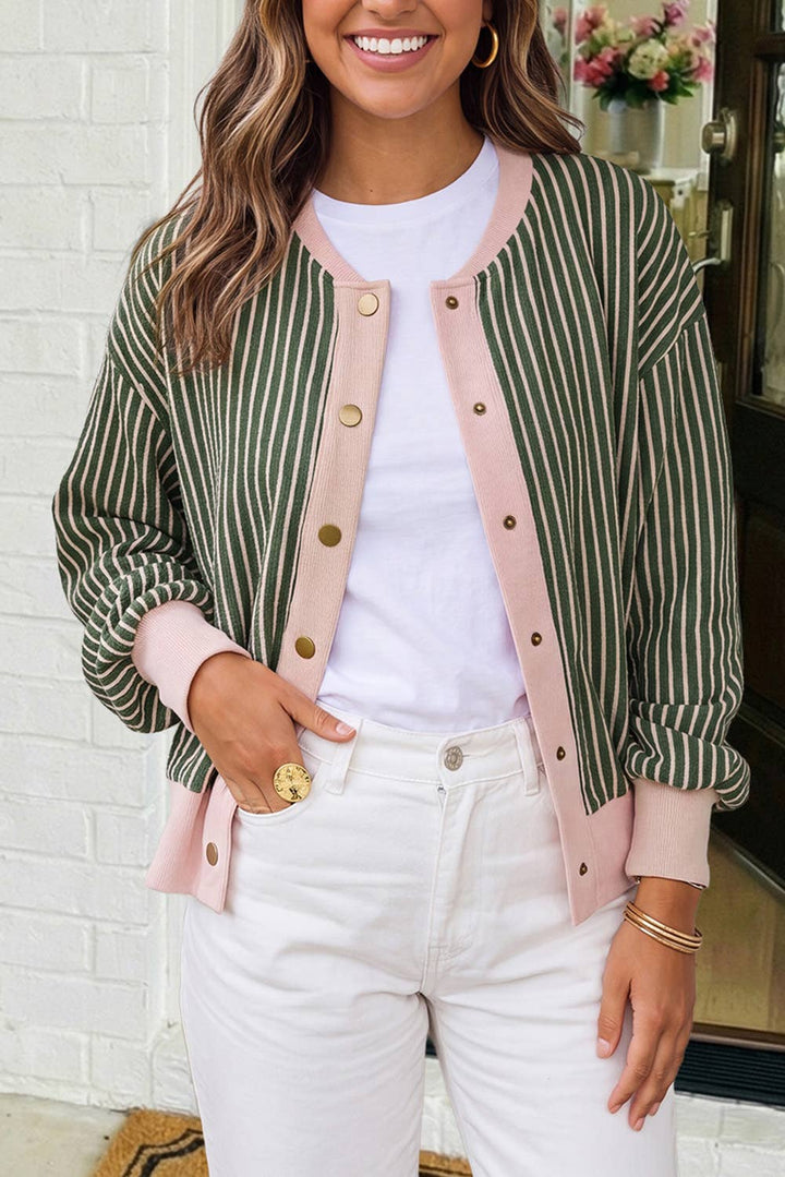 Striped Patchwork Snap Button Cardigan (S-XL)