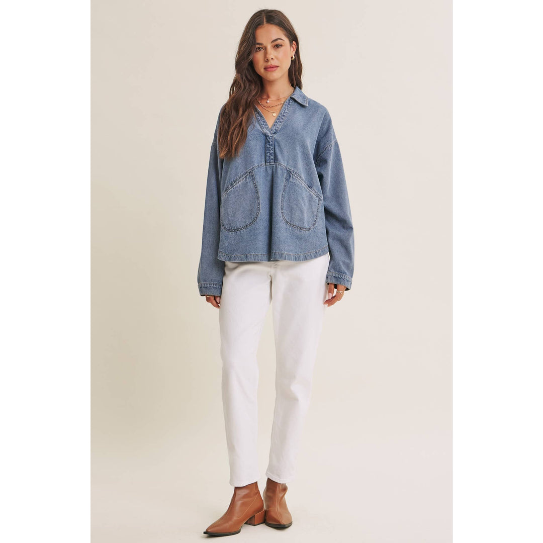EASY LIVING MINERAL-WASHED COTTON DENIM OVERSIZED POCKET TOP