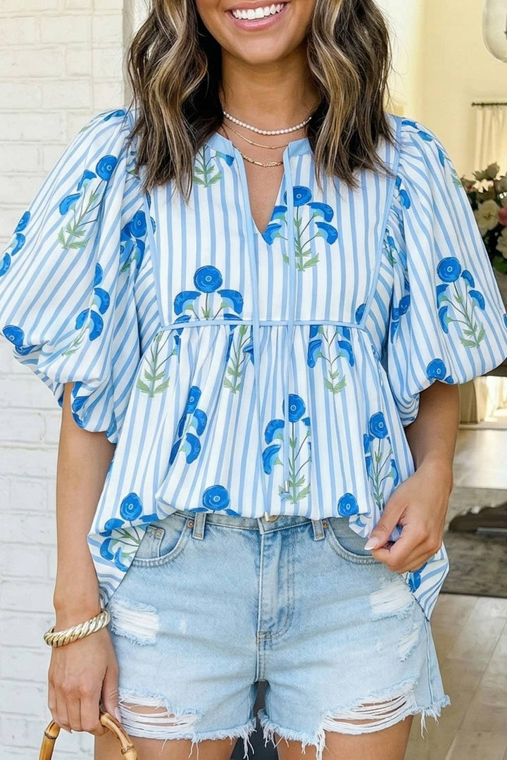 Striped Floral Bubble Sleeve Blouse (S-XL)
