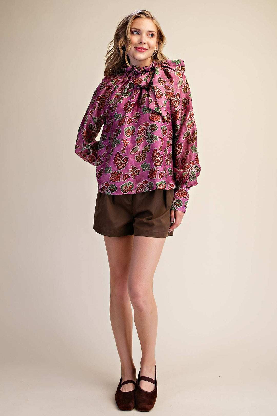 Ruffle Tie Neck Long Sleeve Print Blouse