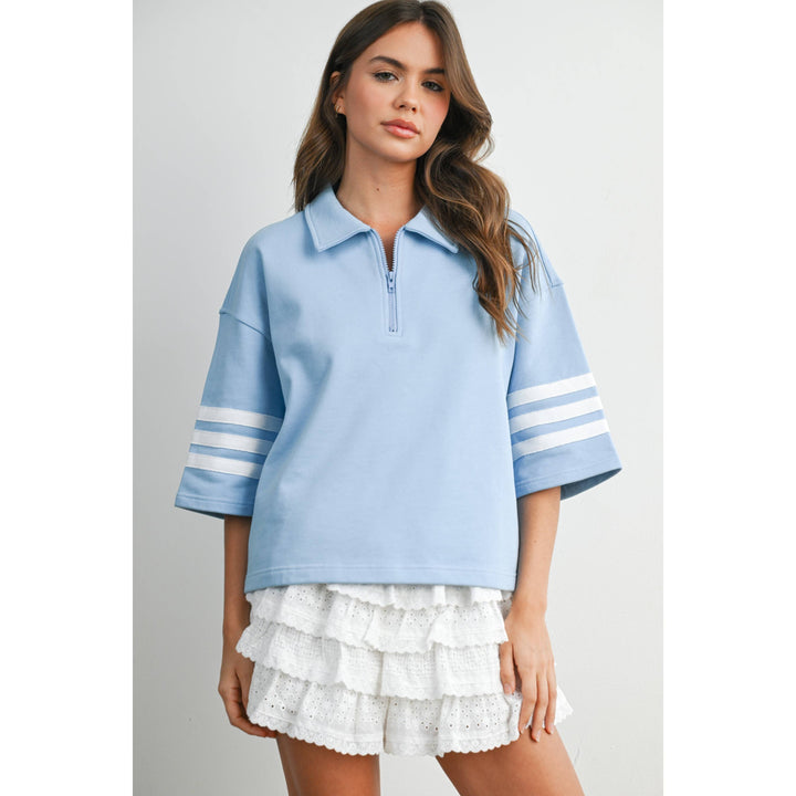 Women's Short Sleeve - Striped Sleeve Quarter-Zip Pullover - - Cultured Cloths Apparel