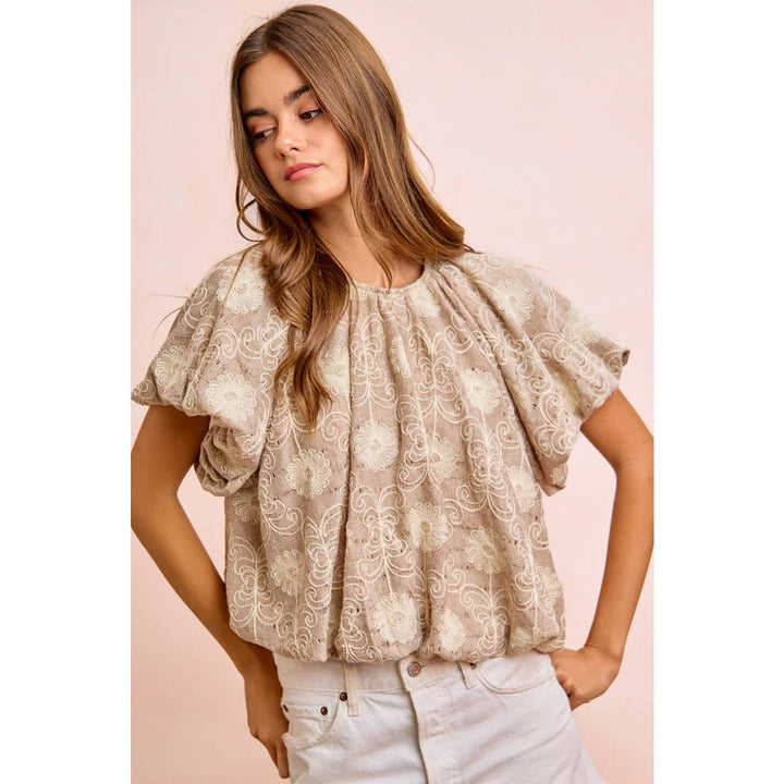 Women's Short Sleeve - FLOWER EMBROIDERED SHIRRED NECKLINE BUBBLE HEM TOP - - Cultured Cloths Apparel