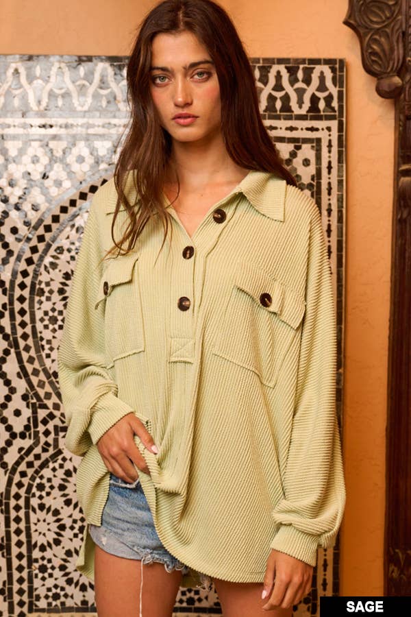 T1578-3 Solid Texture Knit Collared Loose Fit Top