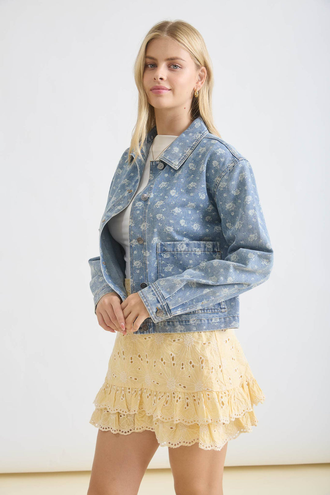 Outerwear - FLORAL WASHED DENIM COLLARED BUTTON DOWN JACKET - - Cultured Cloths Apparel