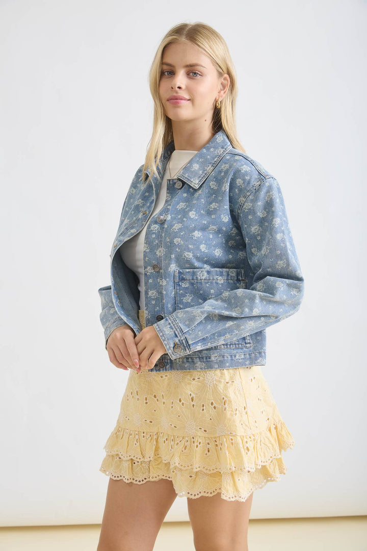 Outerwear - FLORAL WASHED DENIM COLLARED BUTTON DOWN JACKET - - Cultured Cloths Apparel