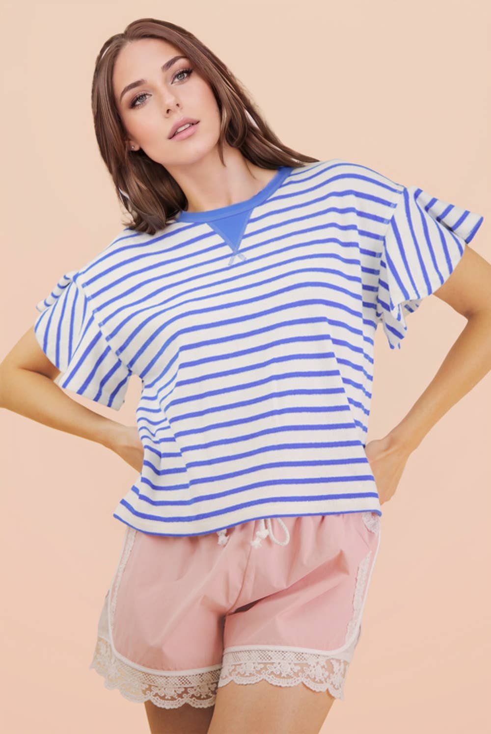 Oversized Ruffle Sleeve Casual Stripe Knit Top