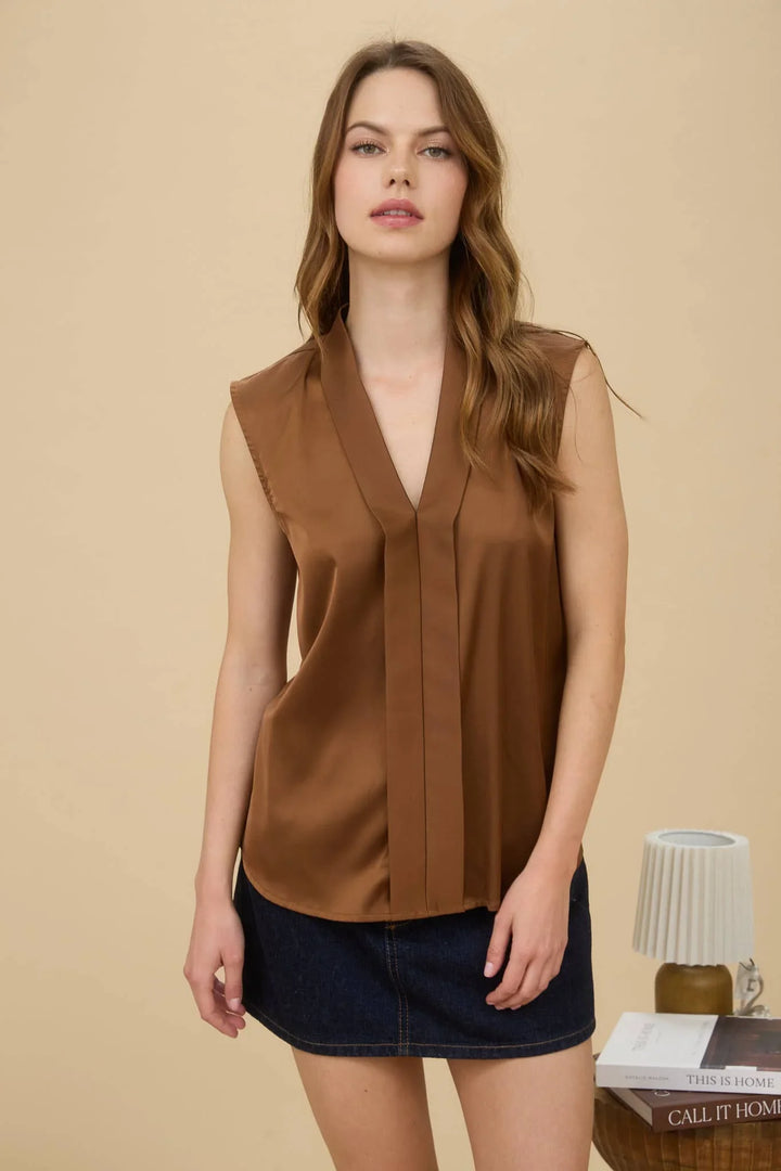 Women's Sleeveless - SATIN COLLARED SLEEVELESS BLOUSE - - Cultured Cloths Apparel