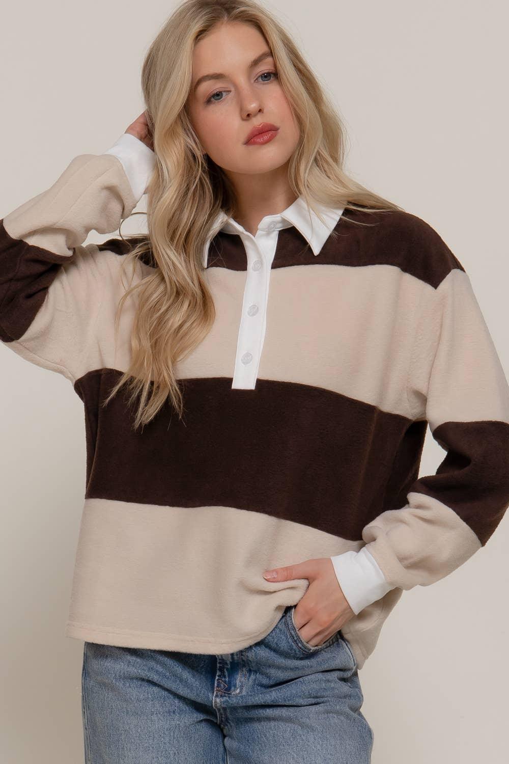 Women's Long Sleeve - Long Sleeve Rugby Stripe Fleece Polo Top - cream/brown - Cultured Cloths Apparel