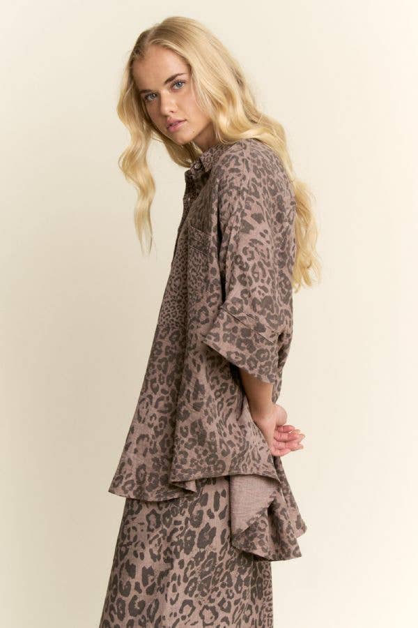 Leopard Print Oversized High-Low Button-Down Shirt
