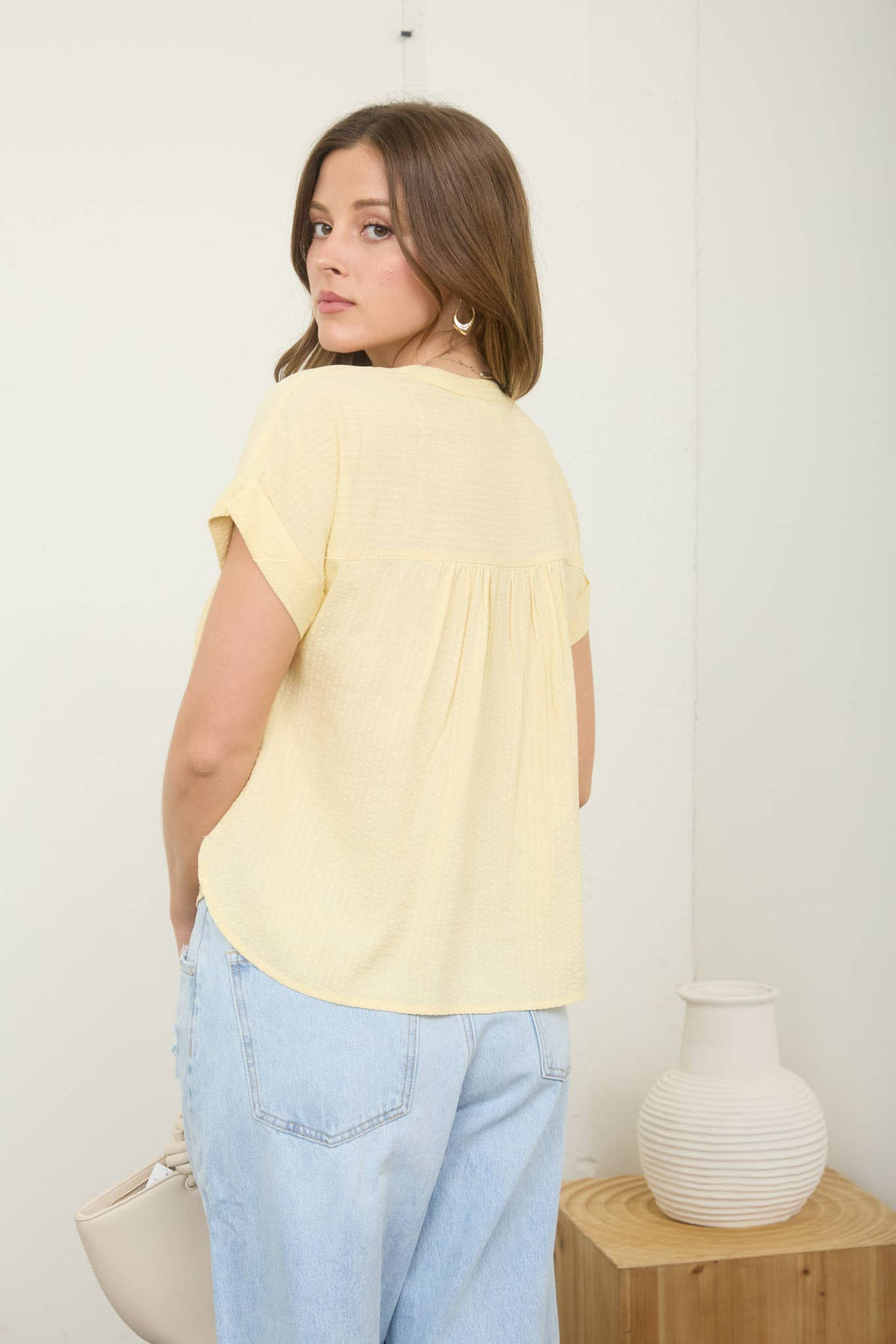 RUCHED SHOULDER DETAIL SHORT SLEEVE HENLEY TOP