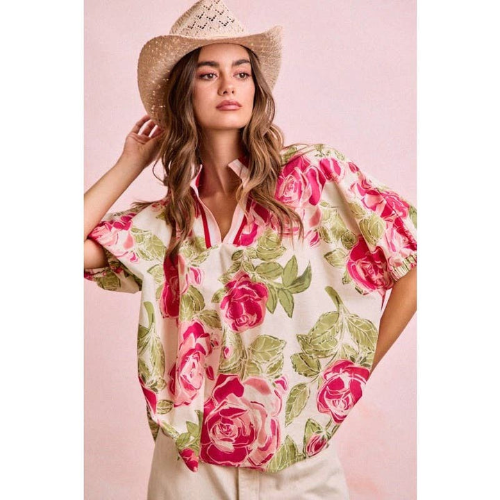 Women's Short Sleeve - Floral Contrast Banded Dolman Sleeves Blouse Top - FLORAL - Cultured Cloths Apparel