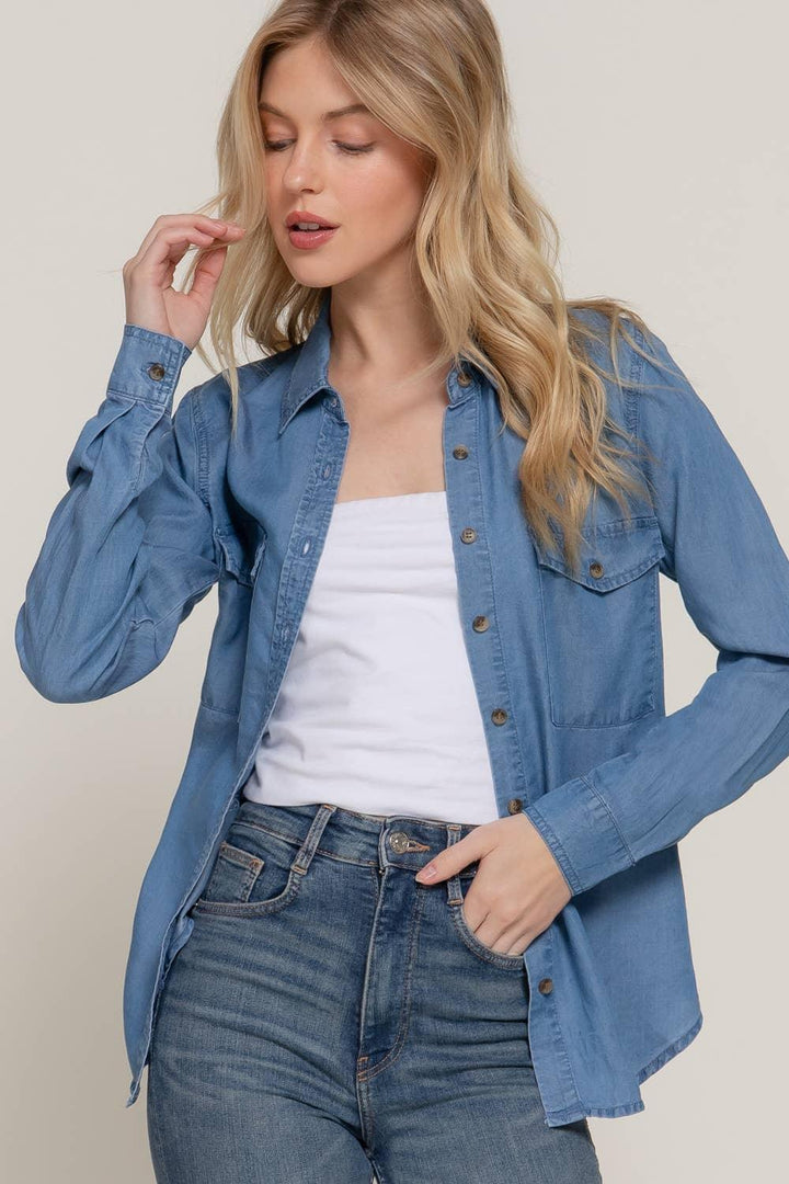 Women's Long Sleeve - Long Sleeve Color Tencel Shirt - MEDIUM DENIM - Cultured Cloths Apparel