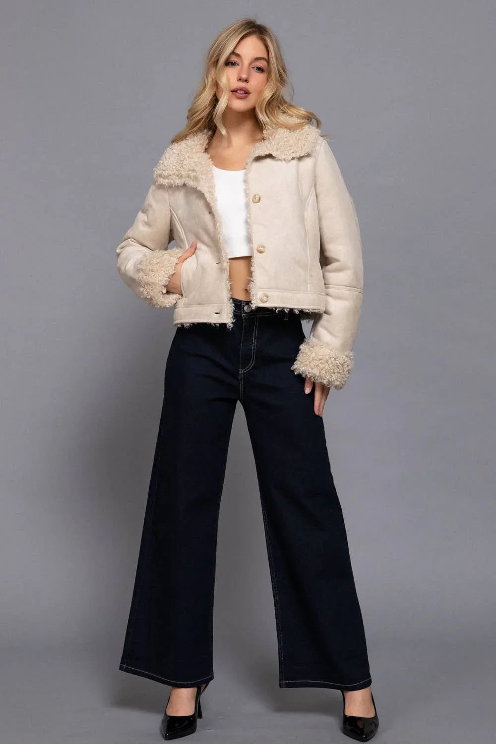 Outerwear - Long Sleeve Inside Fur Detail Penny Lane Suede Short Jacket - MEDIUM - Cultured Cloths Apparel