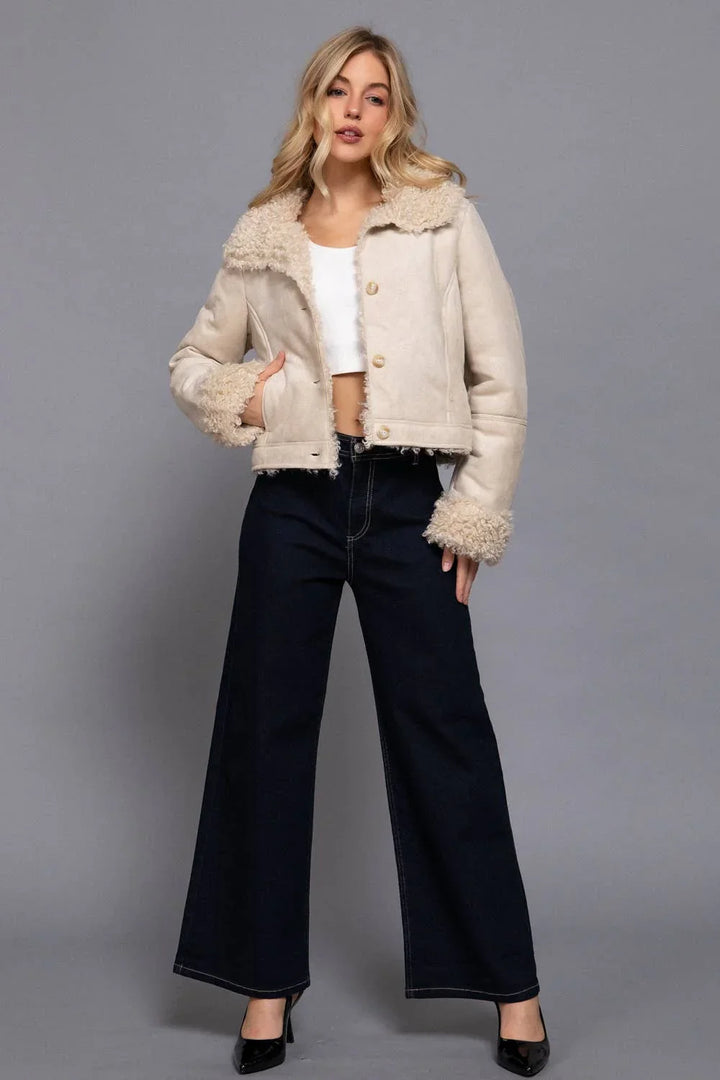 Outerwear - Long Sleeve Inside Fur Detail Penny Lane Suede Short Jacket - MEDIUM - Cultured Cloths Apparel