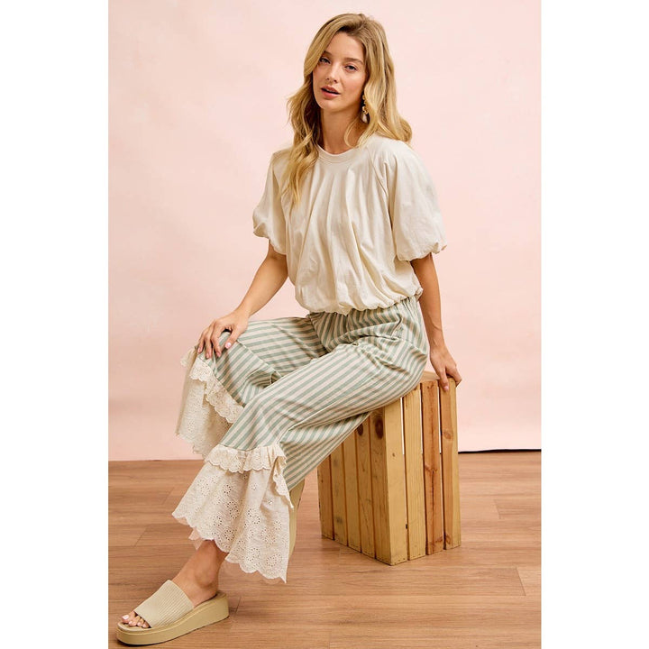 Pants - STRIPE WOVEN RUFFLED LACE HEM PANTS WITH SIDE POCKET - - Cultured Cloths Apparel
