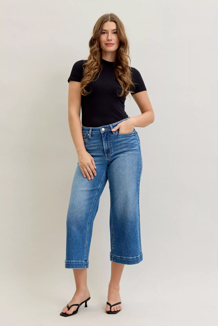 Denim - Judy Blue Mid Rise Crop Wide Leg Jeans - - Cultured Cloths Apparel