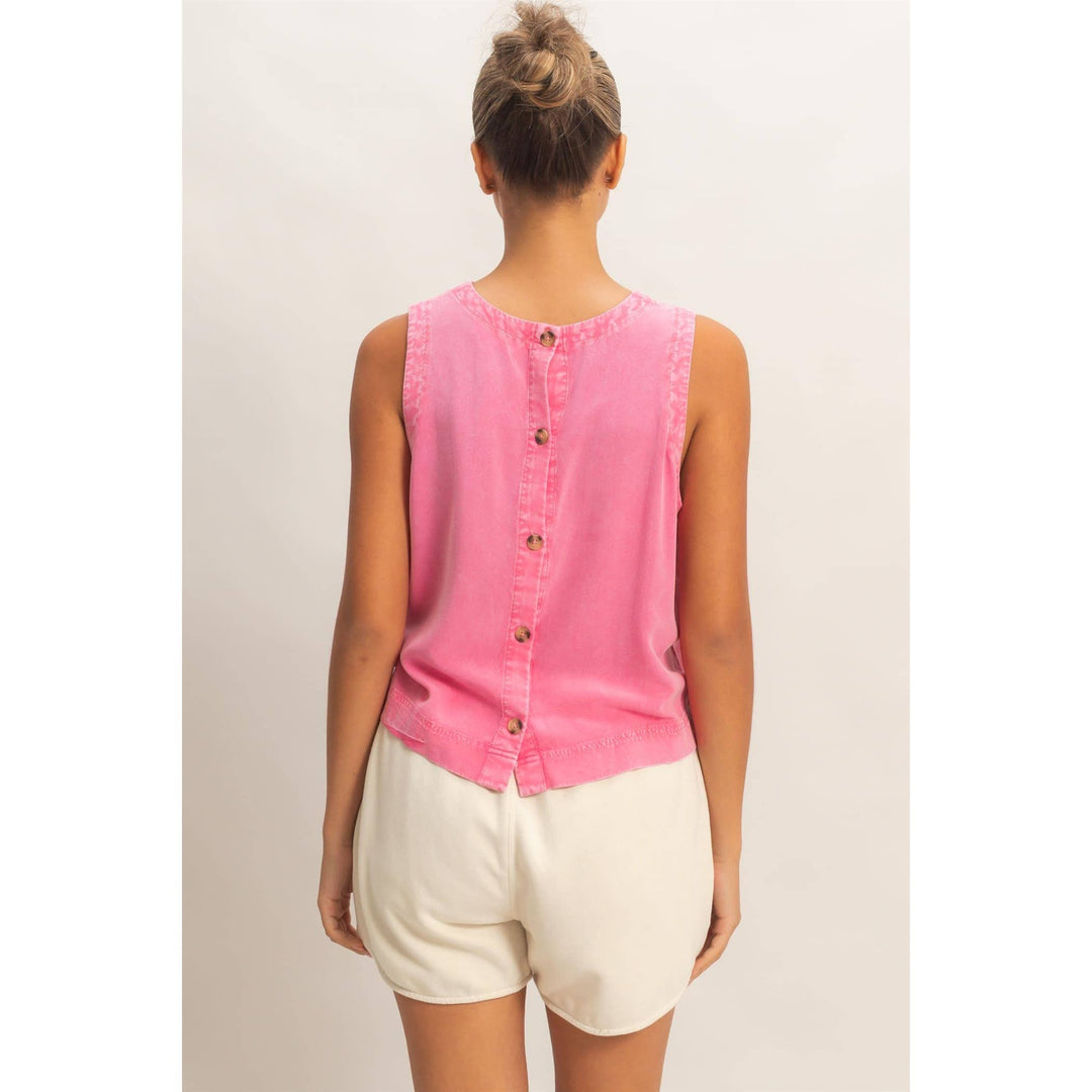 Women's Sleeveless - Pink Mineral Wash Button Back Sleeveless Top - - Cultured Cloths Apparel