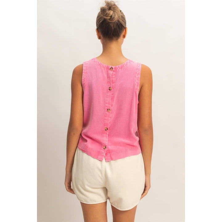 Women's Sleeveless - Pink Mineral Wash Button Back Sleeveless Top - - Cultured Cloths Apparel