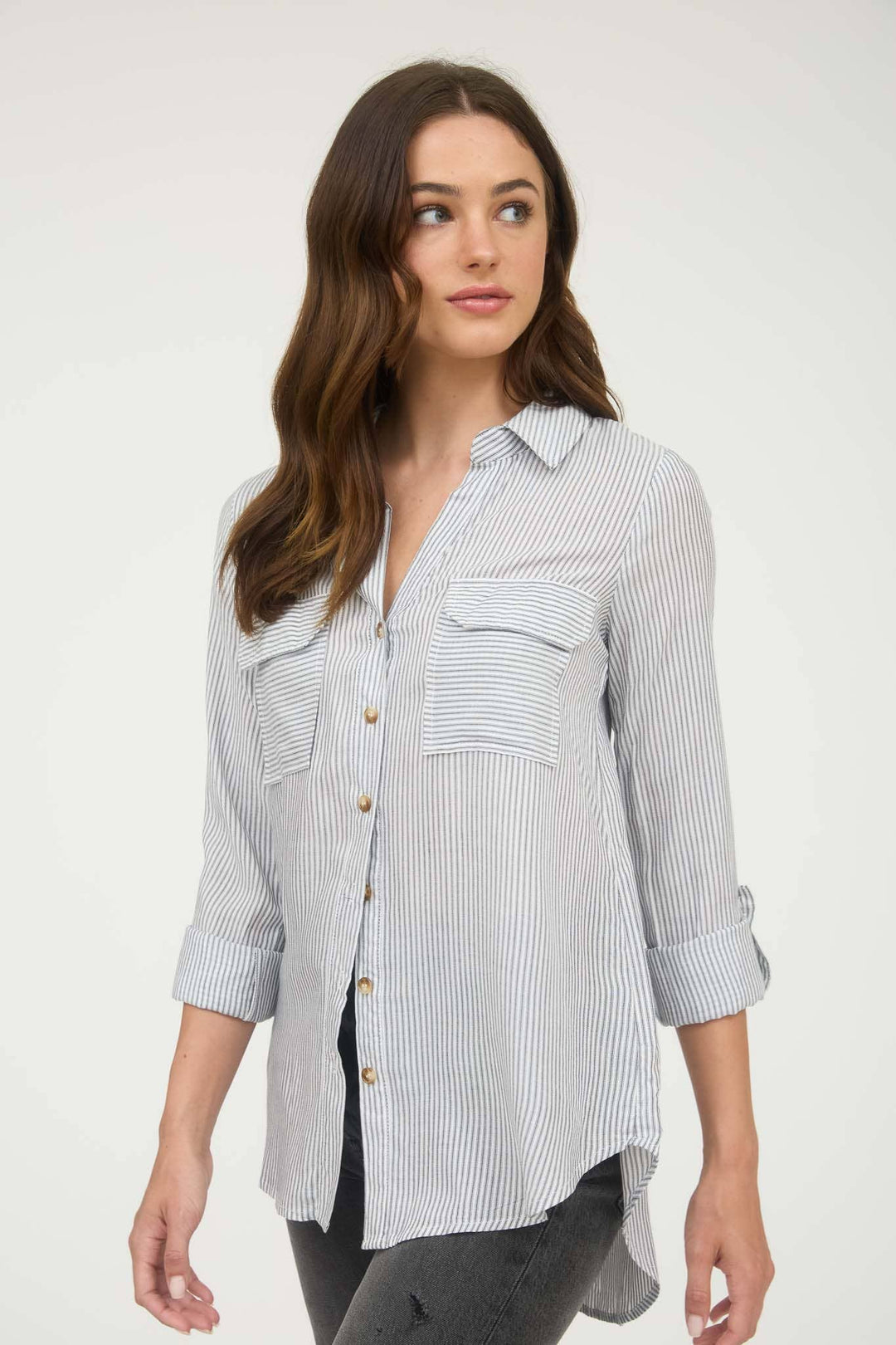 STRIPED COLLARED BUTTON DOWN WITH POCKETS