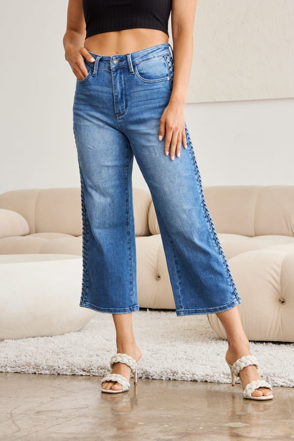 Denim - Judy Blue Full Size Braid Side Detail Wide Leg Jeans - Medium - Cultured Cloths Apparel