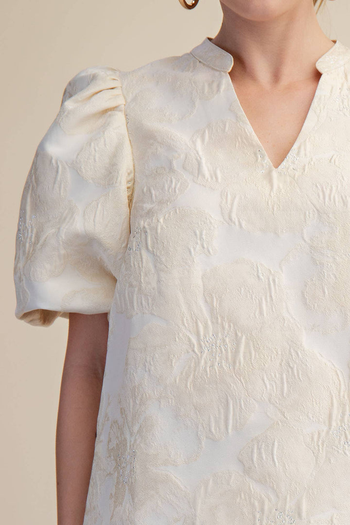 Women's Short Sleeve - V-Neck Puff Sleeve Jacquard Top - - Cultured Cloths Apparel