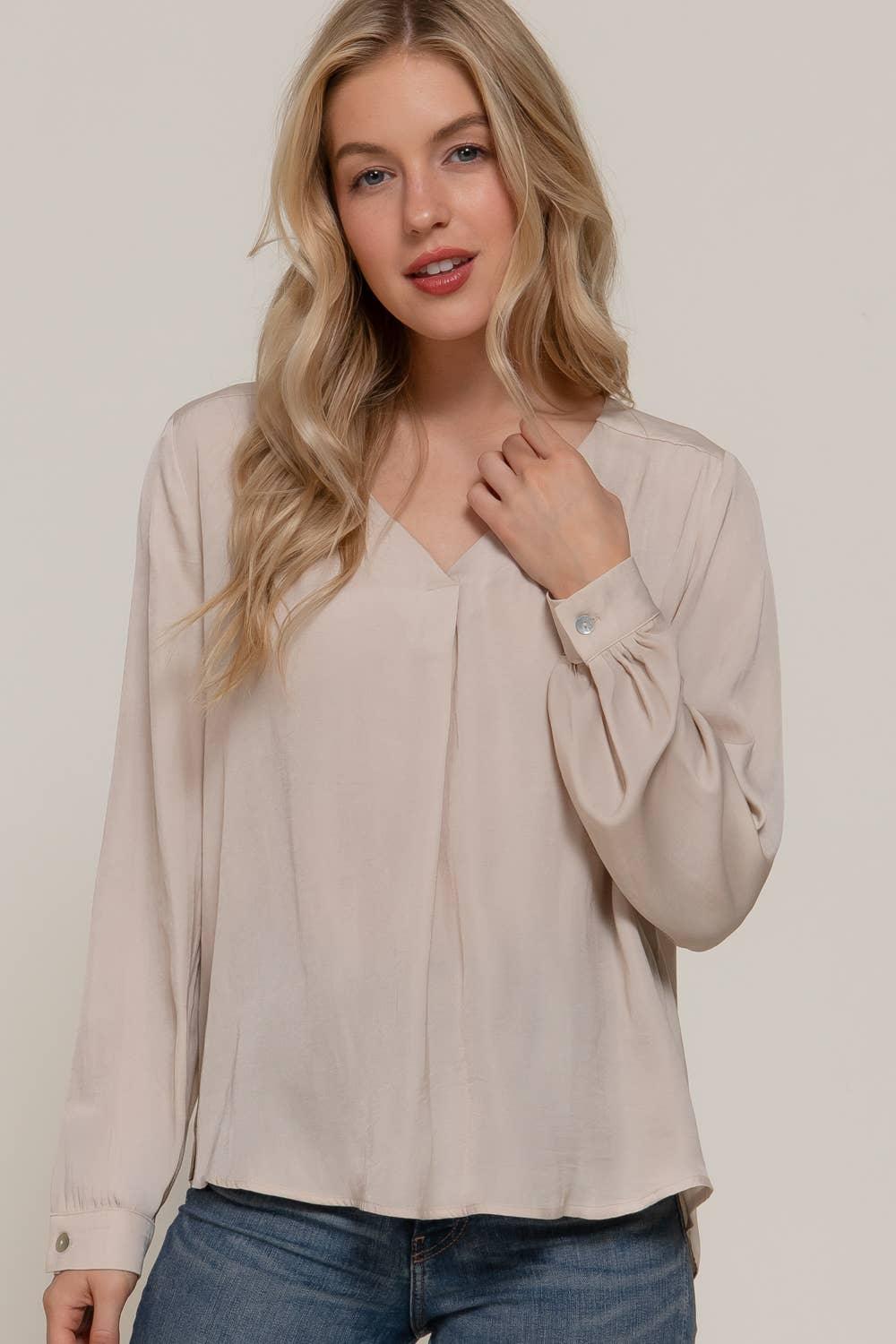 Women's Long Sleeve - Long Sleeve V-Neck with Pleats Satin Blouse - - Cultured Cloths Apparel