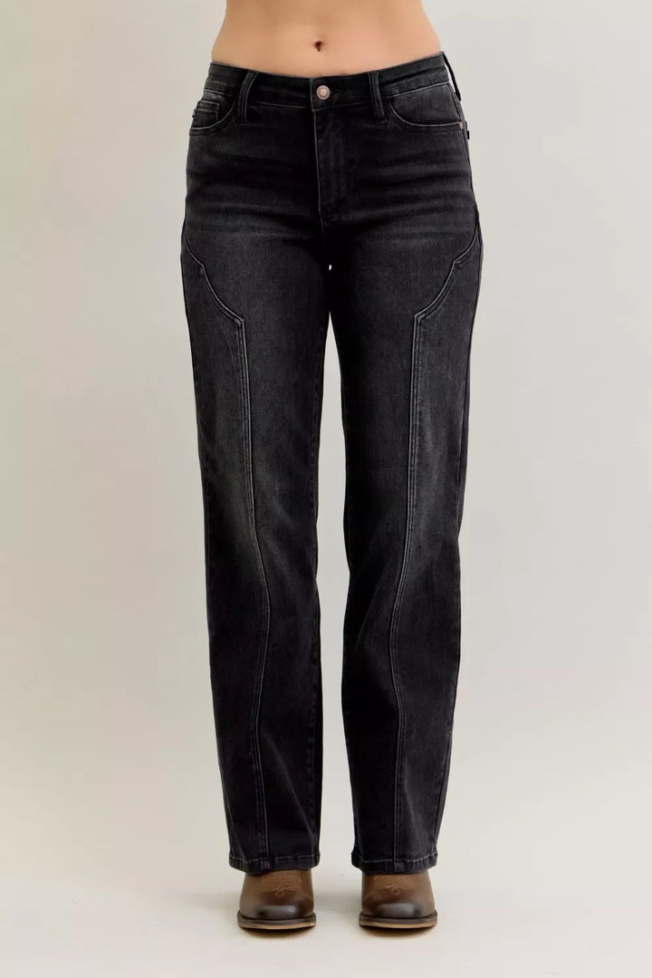 Denim - Judy Blue Mid Rise Straight Western Seam Detail Jeans - BK - Cultured Cloths Apparel