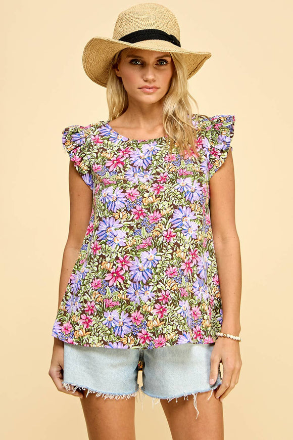 Women's Sleeveless - Floral Top With Short Ruffled Sleeves - Brown - Cultured Cloths Apparel