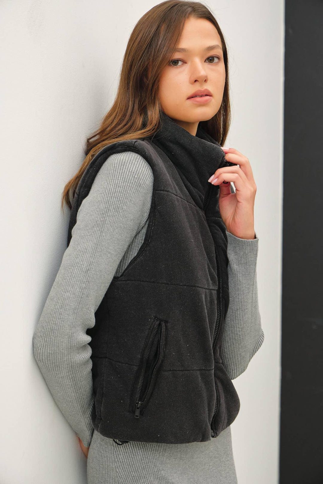 DENIM FEEL VINTAGE WASHING ZIP UP PUFFER VEST