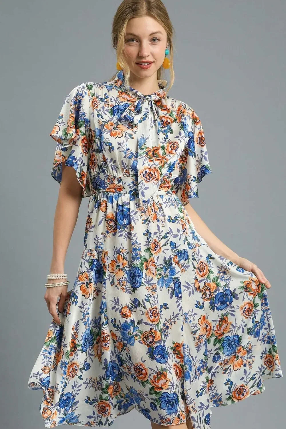 Women's Dresses - Umgee Floral Print Flutter Sleeve Dress - - Cultured Cloths Apparel