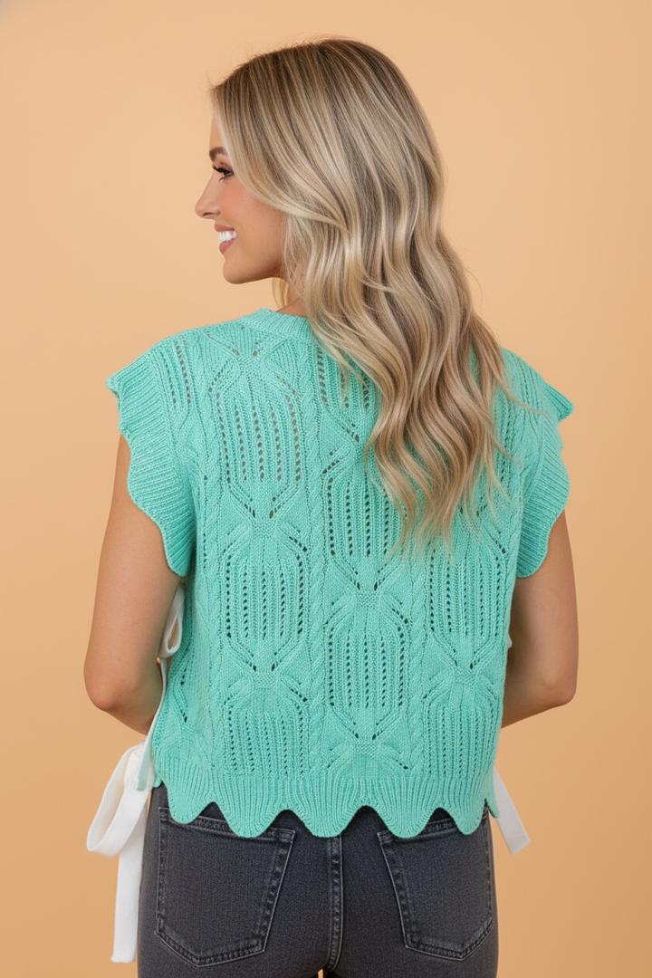 Women's Short Sleeve - Pointelle Knit Scallop Short Sleeve Sweater - - Cultured Cloths Apparel